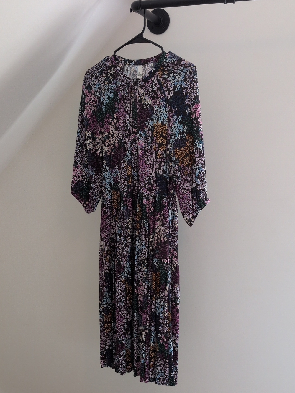Black Floral Midi Dress with Pink, Blue & Mustard Accents - Button down
